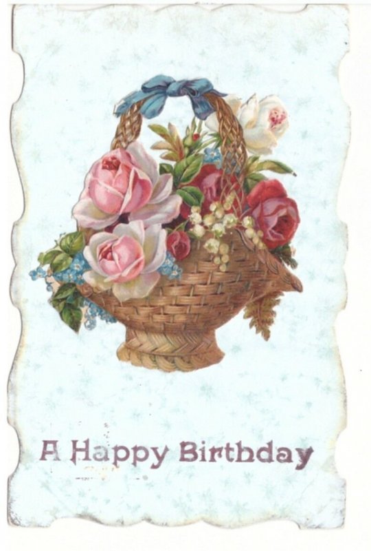 A Happy Birthday - Die Cut Basket Of Flowers - Vintage Embossed Postcard