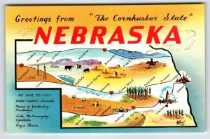 Postcard Greetings From Nebraska Map Chrome The Cornhusker State Unused Vintage