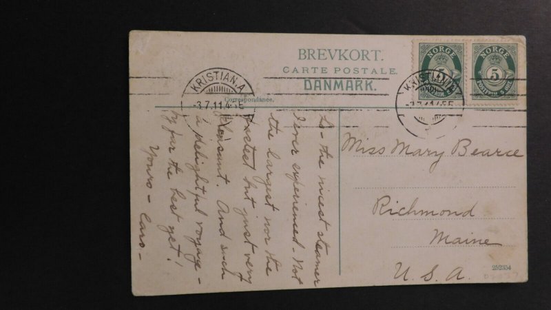 1900s Ship Postcard Cover From Kristiana to Richmond ME S.S. Hellig Olav