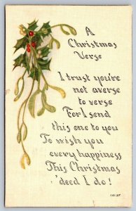 A Christmas Verse, Holly, Mistletoe, Antique 1917 P.A. Owen Postcard