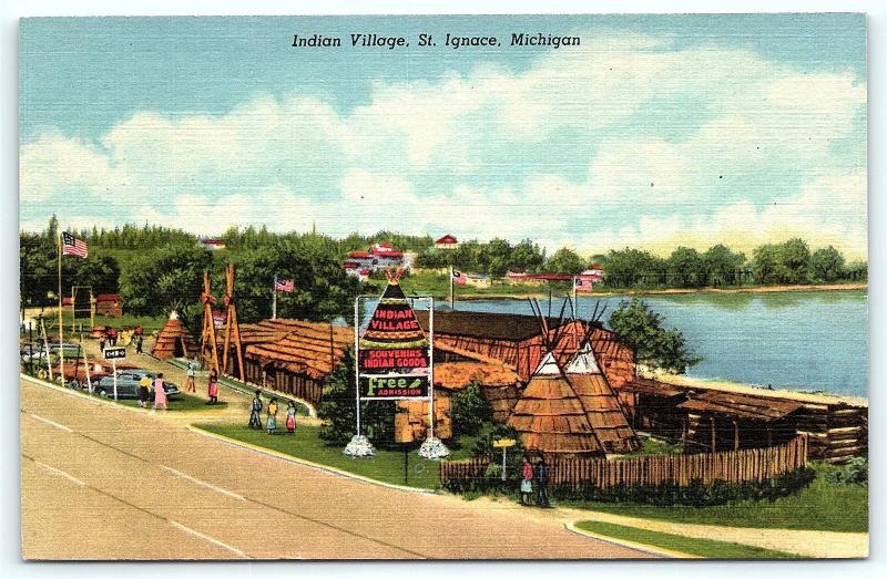 Postcard MI St Ignace Indian Village Souvenirs Indian Goods Vintage Linen R26