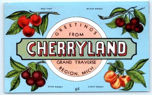 Greetings from CHERRYLAND Grand Traverse Region, MI~ Large Letter 1940s Postcard