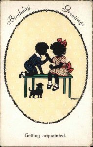 F Kaskeline Birthday Little Girl Boy and Dog Silhouette Vintage Postcard