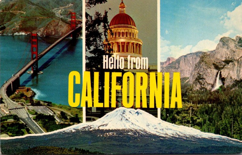 California Hello Showing Golden Gate Bridge State Capitol and Yosemite