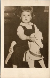 Little Girl on Wooden Rocking Horse Real Photo with Old Television Postcard U2