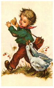 Child , chased by ducks signed Alfrecd Mainzer