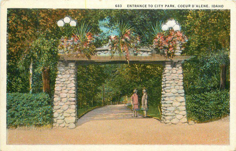 1920s Coeur D'Alene Idaho Entrance City Park Robbins Teich postcard 6092