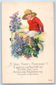 1922 Happy Birthday Boy Song Bird And Flowers New York NY Antique Postcard