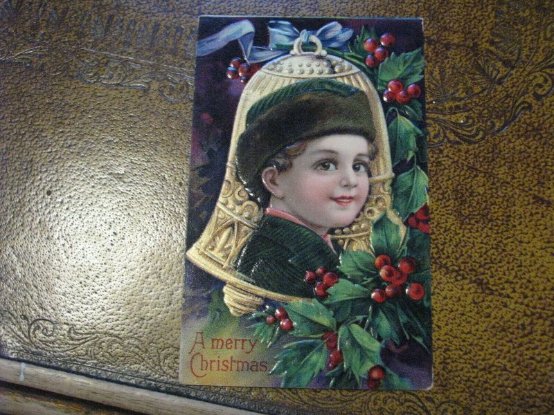 Antique Christmas Postcard Boy Child Gold Bell Series 1480C 