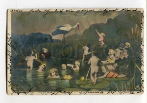 3113339 Nude MULTIPLE BABIES Mermaids w/ STORK old tinted PHOTO