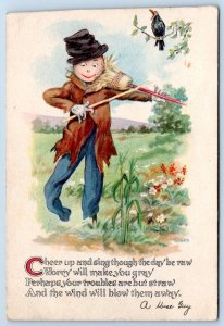 1910's SCARECROW USES BROOM AS VIOLIN BLACK CROW*CHEER UP & SING*CARD IS TRIMMED