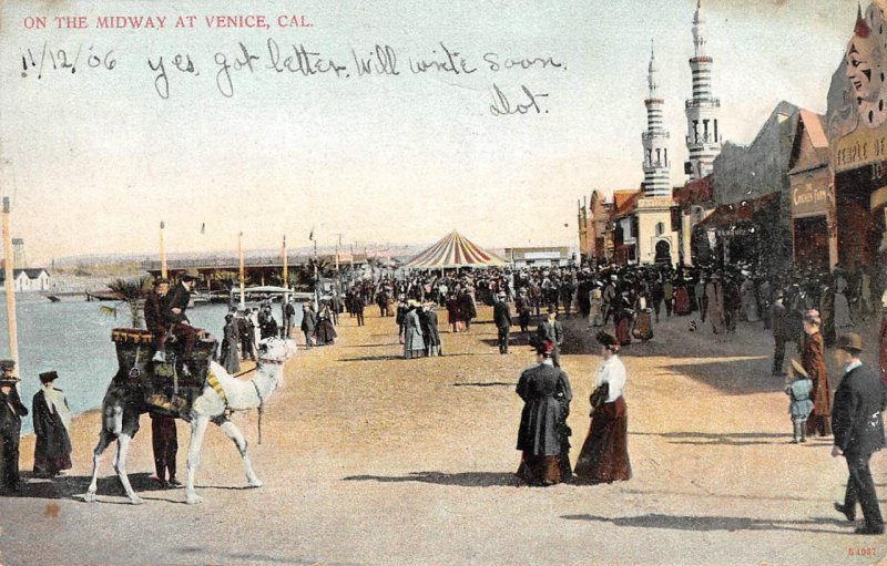 On The Midway At Venice, California Camel & Amusement Park Rides 1906 Postcard