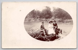 RPPC Lovely Edwardian Woman And Two Men On Rocks At Rivers Edge Postcard L24