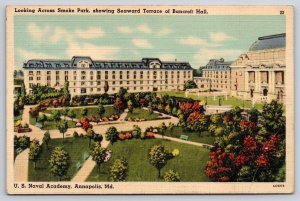 Annapolis Maryland~US Naval Academy~Smoke Park~Bancroft Hall~Linen 1945 Postcard