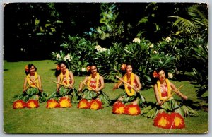 Honolulu Hawaii 1950s Postcard Native Hula Girls in Garden Of White Plumeria