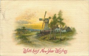Artist impression C-1910 Happy New Year Windmill Silk Postcard 20-14212