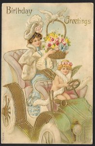 Birthday Greetings Pretty Lady in Car Flower Basket Cupid Driving Used c1910s