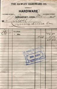 1915  Bridgeport  Connecticut  The Hawley Hardware Co.  Receipt  8 x 5