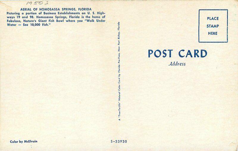 Aerial Homosassa Springs Florida 1950s Postcard Autos Business District 4315