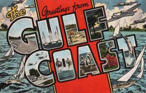 1950 Greetings From Gulf Coast Ocean Large Letter Sailboats, Vintage Postcard