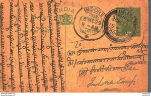 India Postal Stationery George V 1/2 A Indore cds Uniara cds