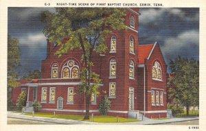 Erwin, TN Tennessee  FIRST BAPTIST CHURCH~Night View UNICOI CO ca1940's Postcard