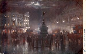 London England Piccadilly Circus at Night TUCK c1900-20s Vintage Postcard