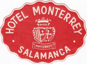 Spain Salamanca Hotel Monterrey Red Vintage Luggage Label sk2788