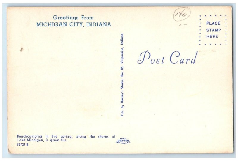c1960's Greetings From Michigan City Indiana Beachcombing In The Spring Postcard