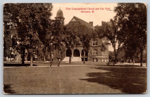 Evanston Illinois~First Congregational Church & City Park~B&W~PM c1909 Postcard