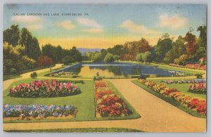 Linen~Lovely Italian Gardens & Lake In Harrisburg Pennsylvania~Vintage Postcard