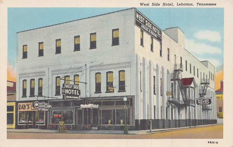 LEBANON TENNESSEE TN~WEST SIDE HOTEL-COFFEE SHOP-WESTERN UNION-1955 POSTCARD