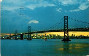 Skyline San Francisco Bay Bridge Postcard PM Cancel WOB Note VTG Mike Roberts 