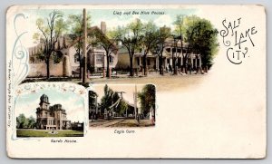 Salt Lake City UT Lion And Bee Hive Houses Gardo House Eagle Gate Postcard V30