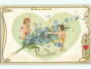 Pre-Linen valentine GIRL AND BOY CUPID AT FORGET-ME-NOT FLOWERS k5643