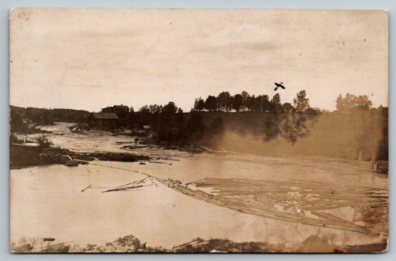 RPPC  Sweden   Saw Mill on River With Logs in Water  Real Photo Postcard