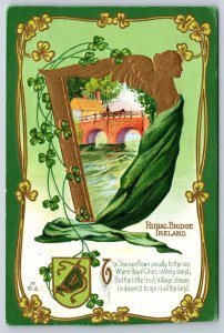 St Patrick's Day~Rural Bridge Ireland Scene In Gold Lady Harp~Poem~Emboss~NASH