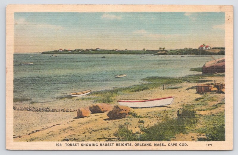 Orleans-Cape Cod MA~Boats On Shore~Tonset Showing Nauset Heights~Linen Postcard 