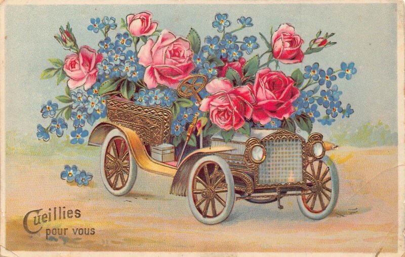 L293 Greetings Floral convertible car roses 1911 vintage postcard