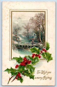 Christmas Postcard Holly Berries Winter Scene Embossed New Cumberland PA 1907