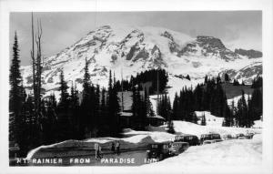 MT RAINIER WASHINGTON FROM PARADISE INN-OLD VEHICLES~1930s REAL PHOTO POSTCARD