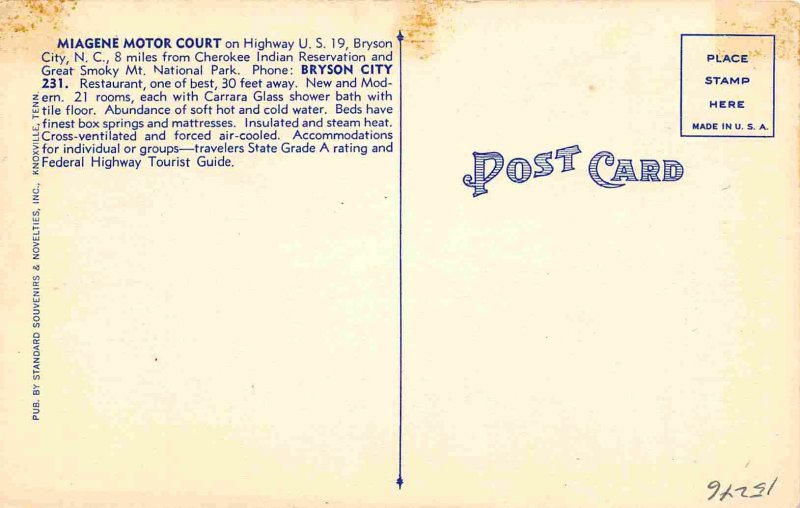 Miagene Motor Court Motel US 19 Bryson City North Carolina linen postcard