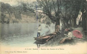 France 1908 hand colored Geneve Postcard Sentier des Saules et le Rhome 21-12001
