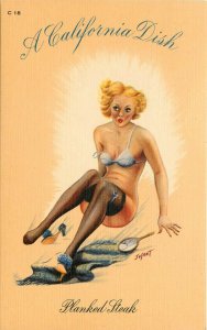 Linen Postcard Jusmet California Dish Planked Steak, Lingerie Girl Pin-Up