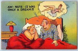 Comic Rumor Postcard Risque Man Dreaming Sexy Woman It Was On A Dream c1930's