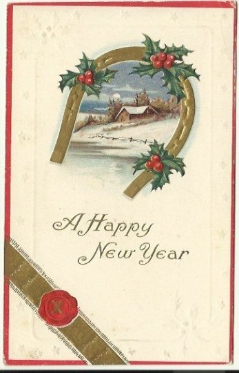 Vintage New Years Postcard, Winter Scene Cabin Blanket of Snow Happy New Year