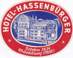 Germany Oldenburg Hotel Hassenbuerger Vintage Luggage Label sk2025