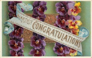 Heartiest Congratulations Embossed Ribbon Floral Postcard Printed in Germany 