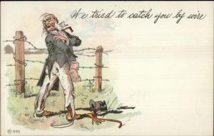 Fancy Man Tears Clothes Caught on Wire Fence c1905 Postcard