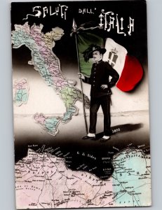 c1920 Saluti Dall Italia Man Holding Italian Flag Map Italy RPPC Real Photo